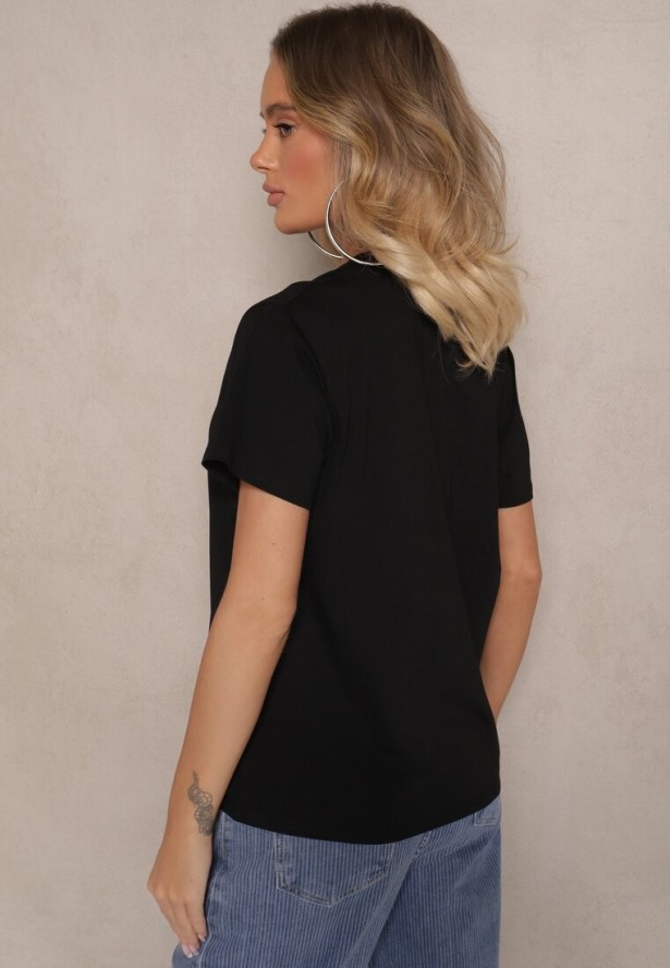 Czarna Bawełniana Bluzka Ozdobiona Napisem i Haftem Nalanith