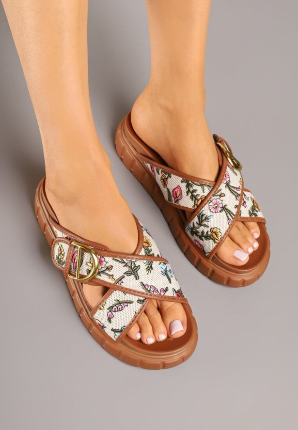 Brązowe Klapki na Grubej Tłoczonej Podeszwie w Kwiaty Dovelle