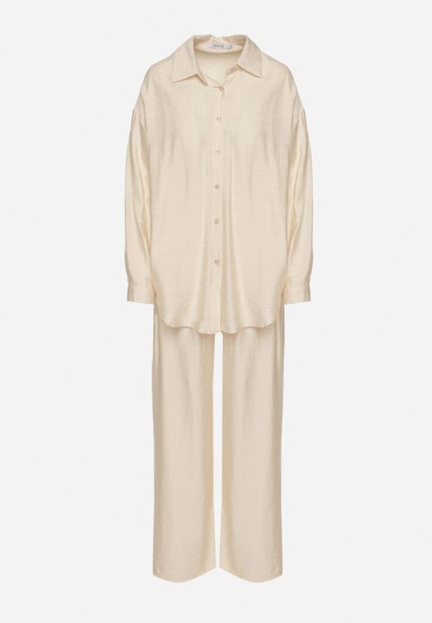 Jasnobeżowy Komplet z Wiskozy Koszula i Spodnie Sesanila