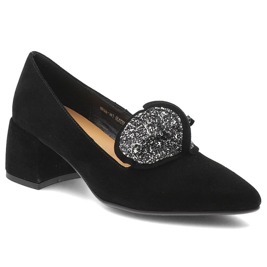 Czółenka damskie S. Barski, na klocku zamszowe z ozdobą i noskiem w szpic, czarne-srebrne, MR52-181