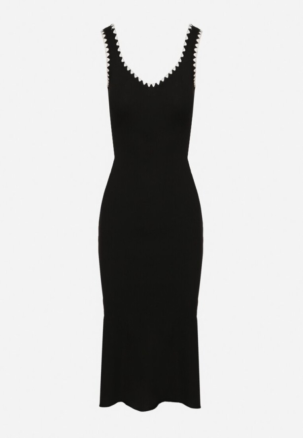 Czarna Sukienka Dzianinowa o Taliowanym Kroju na Ramiączkach z Lamówką Zenlimi