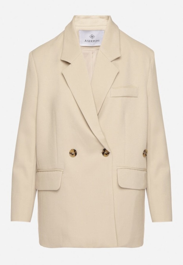 Jasnobeżowa Dwurzędowa Marynarka o Pudełkowym Kroju Oversize z Dodatkowym Guzikiem Paselira