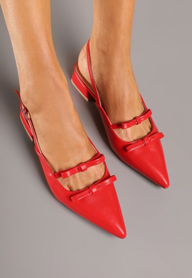 Czerwone Sandały Slingback na Niskim Obcasie Zdobione Kokardkami Remelle