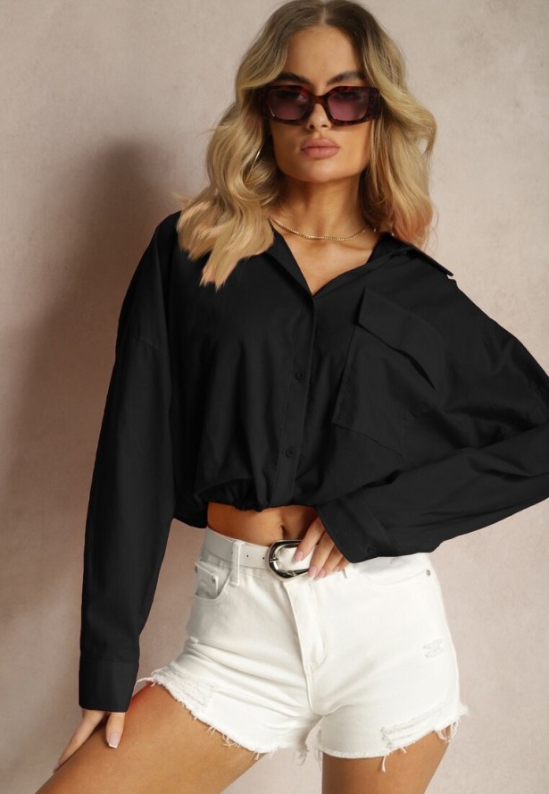 Czarna Koszula z Bawełny z Dłuższym Tyłem i Gumką z Możliwością Ściągnięcia Sasina