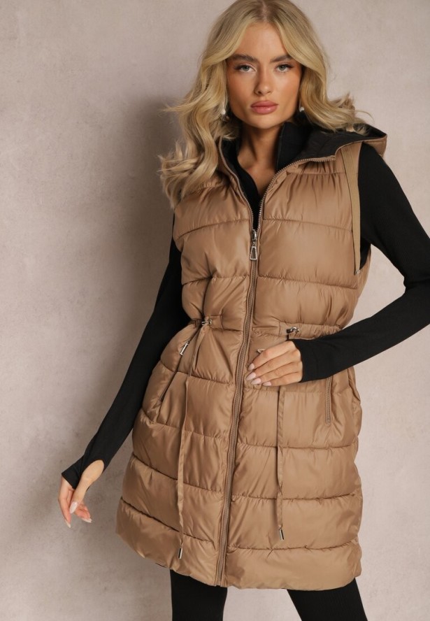 Ciemnobeżowa Pikowana Kamizelka Dwustronna z Troczkiem w Pasie o Wydłużonym Fasonie Selinorda