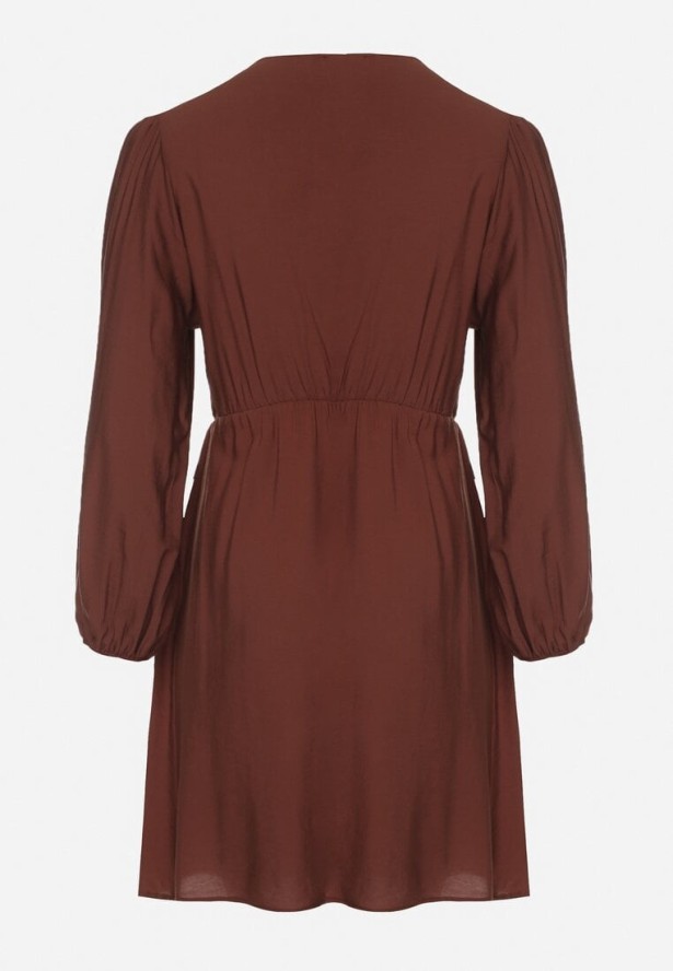 Brązowa Kopertowa Sukienka z Wiskozą z Wiązaniem w Pasie Vidila