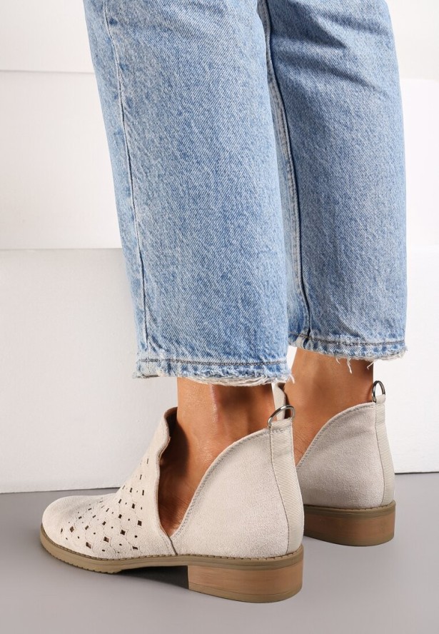 Beżowe Ażurowe Botki Sztyblety z Ozdobnym Rozcięciem Aleraa