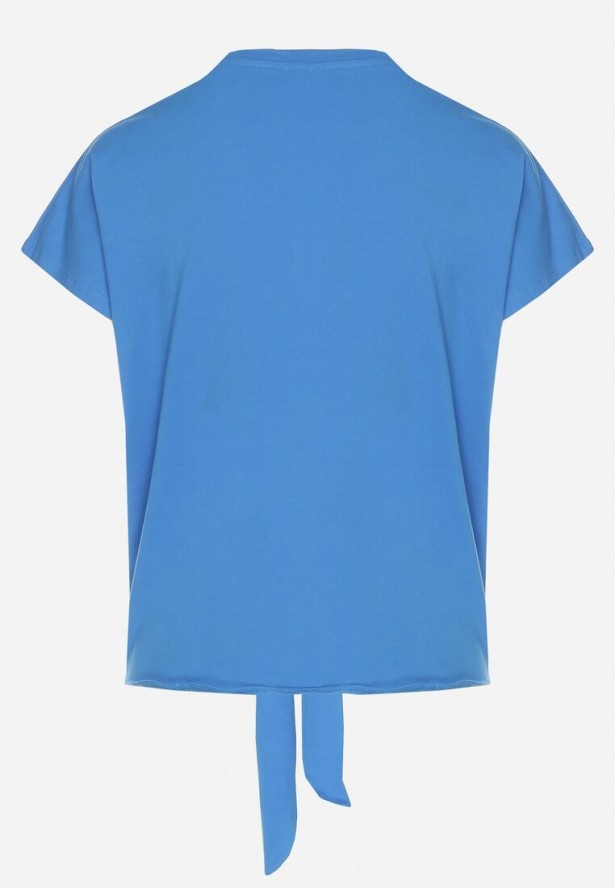 Jasnoniebieski T-shirt z Bawełny z Ozdobnym Wiązaniem Sunitra