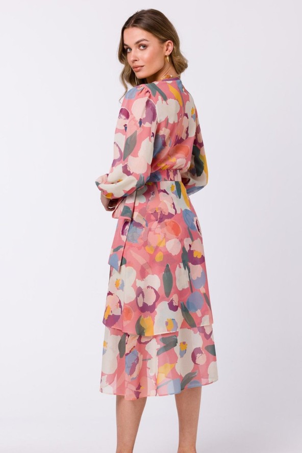 Zwiewna sukienka szyfonowa kopertowa z wiązaniem pastelowa