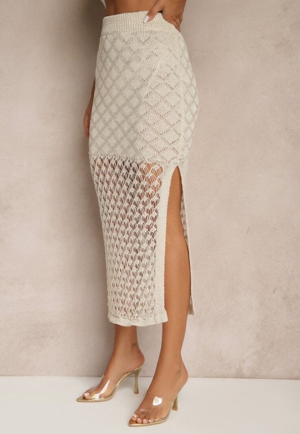 Beżowy Dzianinowy Komplet Top na Ramiączkach i Spódnica z Siateczkowej Tkaniny Tiarienne