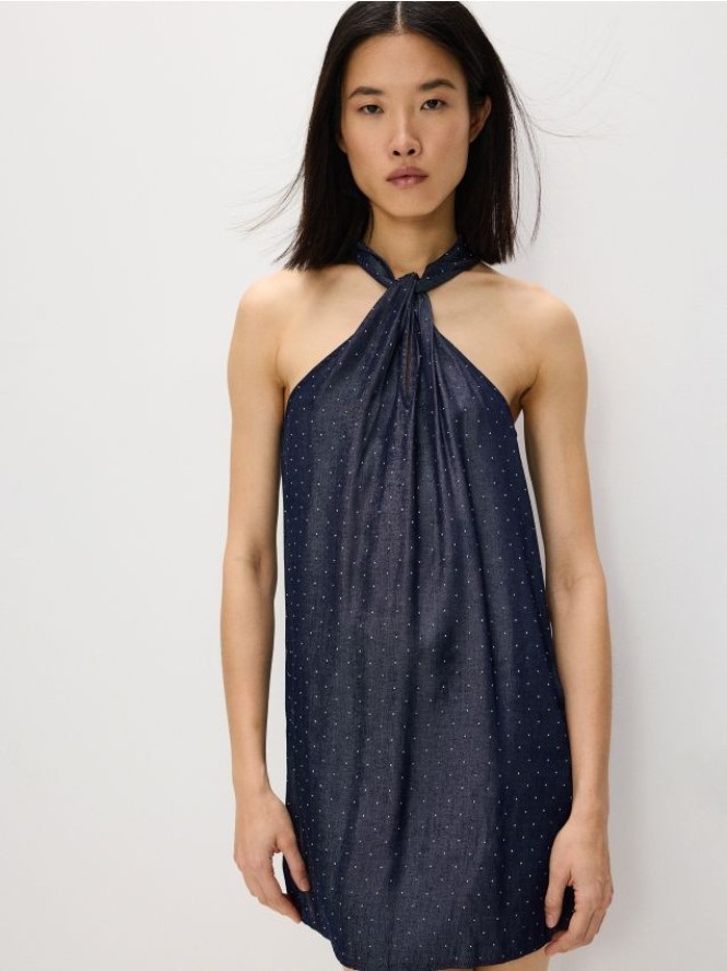 Sukienka mini z dekoltem halter - granatowy