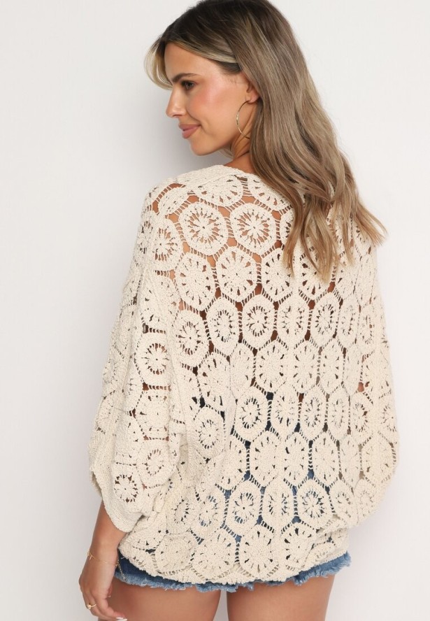 Beżowy Bawełniany Kardigan Narzutka Zapinana na Guziki Nelvitela