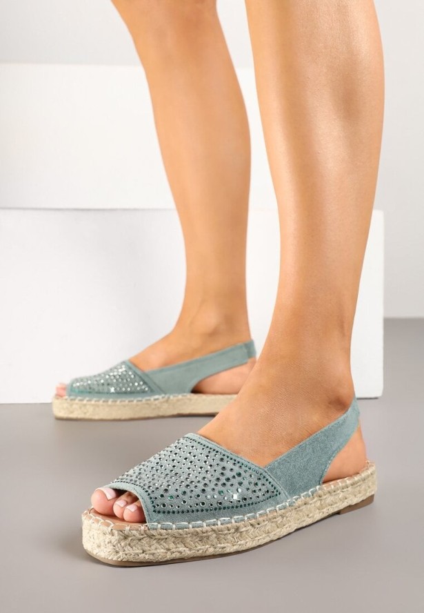 Niebieskie Sandały w Stylu Espadryli z Cyrkoniami na Podeszwie z Plecionki Neorwena