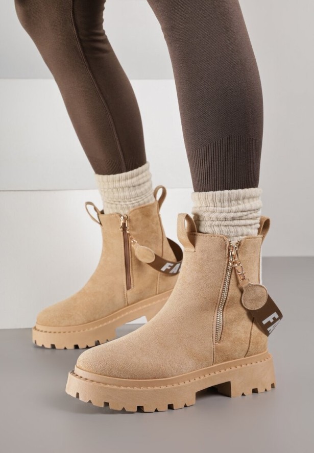 Beżowe Botki na Grubej Podeszwie z Ozdobną Tasiemką Cudre