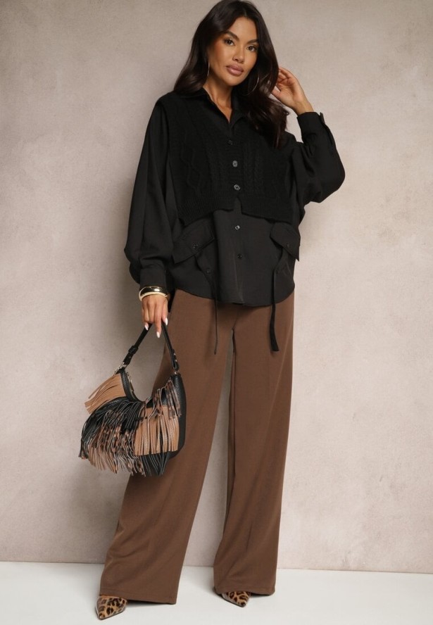 Czarna Koszula Nietoperz z Naszytą Kamizelką z Dzianiny Hanoreth