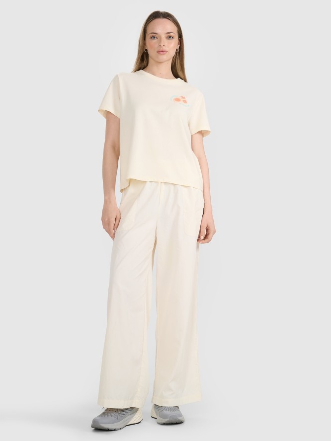 4F T-shirt oversize z nadrukiem damski - beżowy S