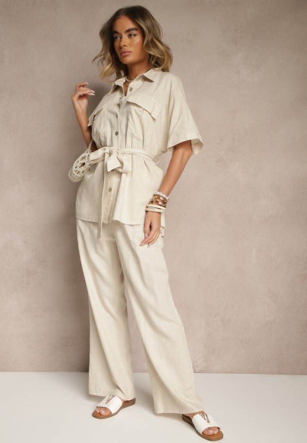 Ciemnobeżowy Komplet z Lnem i Wiskozą Szerokie Spodnie i Koszula z Paskiem Galanitia