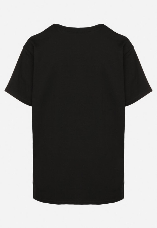 Czarny T-shirt z Bawełny Ozdobiony Haftowanym Napisem z Cekinami Marisiana