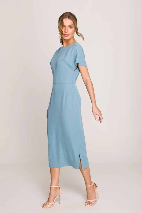 Elegancka sukienka ołówkowa z dekoltem V z tyłu niebieska