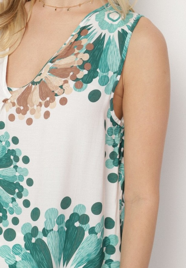 Zielono-Beżowa Bluzka Top z Bawełny z Motywem Kwiatowym Ameliene