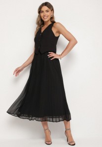 Czarna Plisowana Sukienka z Wiskozy z Wszytą Kamizelką Silanda