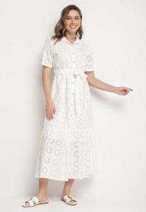 Biała Bawełniana Sukienka Koszulowa z Wiązanym Paskiem Zdobiona Haftem Efriselle