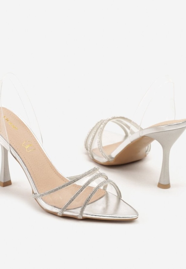 Srebrne Sandały Vices ze Skórzaną Wkładką Transparentną Cholewką i Cyrkoniami Novarissea