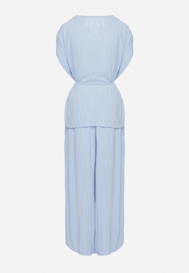 Niebieski Komplet Bluzka z Wiązanym Paskiem i Szerokie Spodnie Dolarea