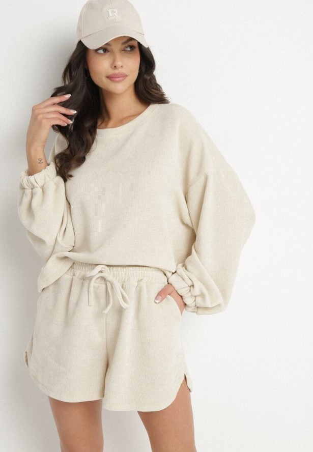 Beżowy Dzianinowy Komplet Bluza i Szorty Novanisa