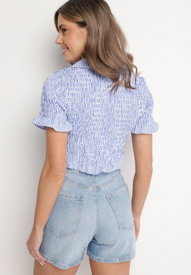 Jasnoniebieska Elastyczna Koszula w Kratkę Vichy o Krótkim Kroju Sovzeri