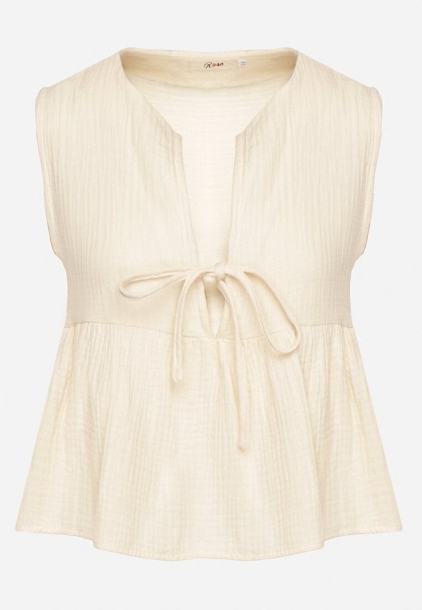 Beżowa Bawełniana Bluzka Top z Wiązaniem z Przodu i Lekką Falbanką Furena