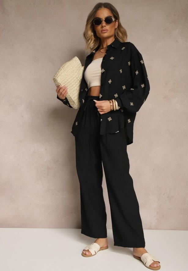 Czarny Wiskozowy Komplet Oversize Zdobiony Haftem Koszula i Spodnie Sadrianae