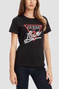 GUESS Czarny damski t-shirt Pearls Love, Rozmiar XL