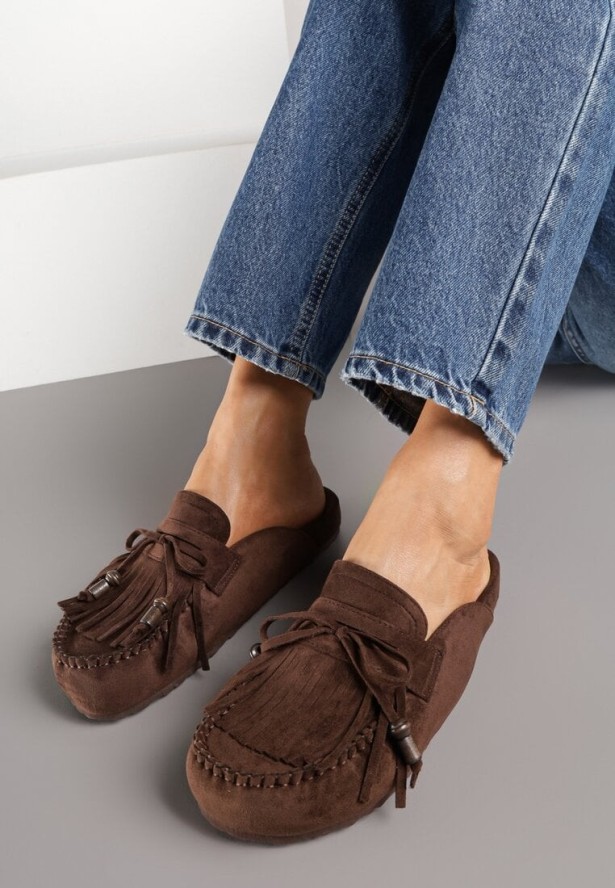 Ciemnobrązowe Klapki Ozdobione Kokardą i Frędzlami Felindrise