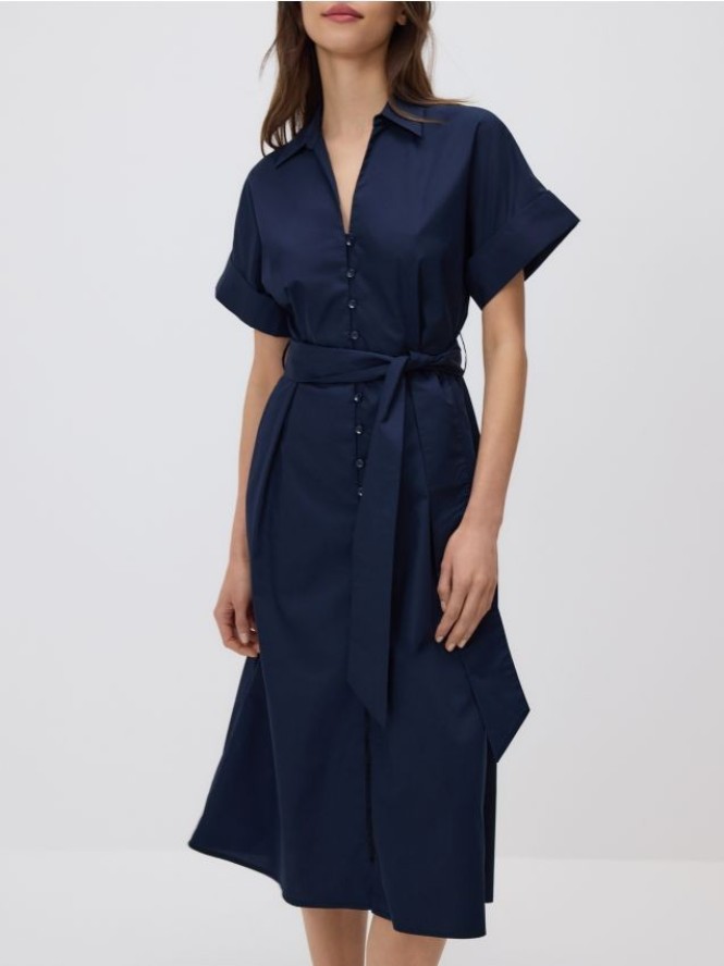 Koszulowa sukienka z paskiem - granatowy