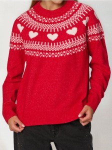 Świąteczny sweter z sercami z domieszką wełny - czerwony