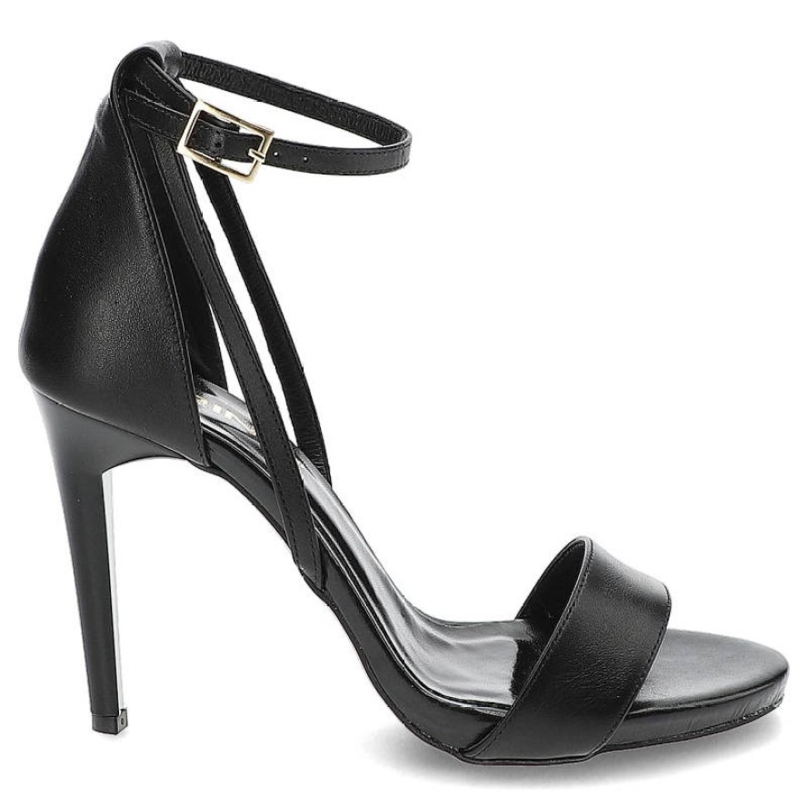Sandały damskie Karino, naturalna skóra licowa smukły wysoki obcas podkreślający sylwetkę, czarny lico, 4165-076-P