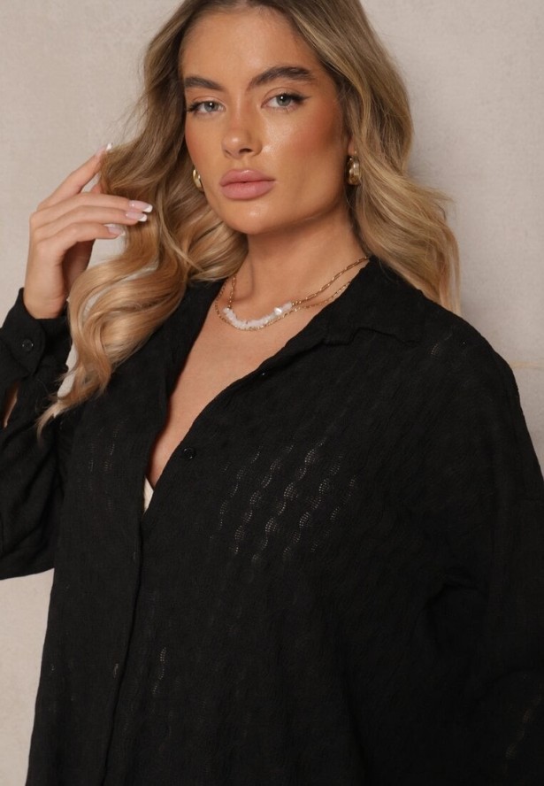 Czarny Komplet z Tłoczonego Materiału Koszula Oversize i Spodnie Taccaria