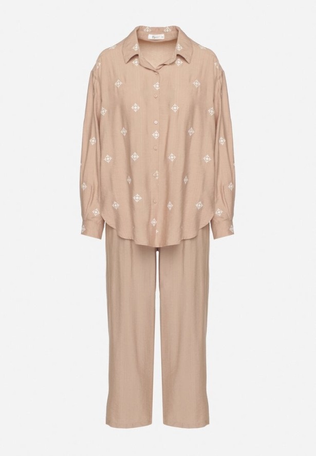 Ciemnobeżowy Komplet z Wiskozy o Kroju Oversize Koszula z Haftem i Spodnie Sadeonna