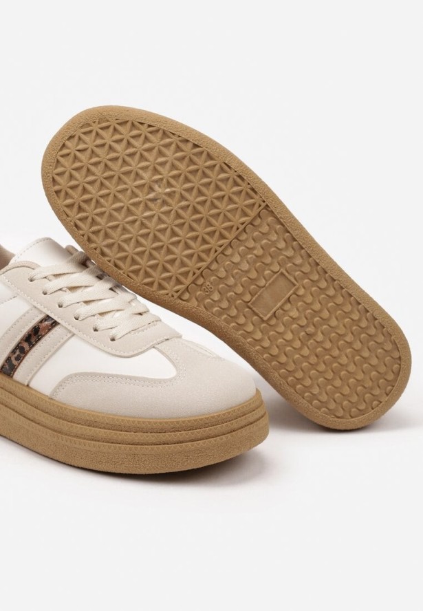 Beżowe Sneakersy na Platformie w Stylu Kultowych Tenisówek Ozdobione Wzorem w Panterkę Gonoriel