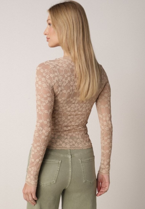 Beżowa Bluzka Koronkowa z Transparentnego Materiału Hermatea