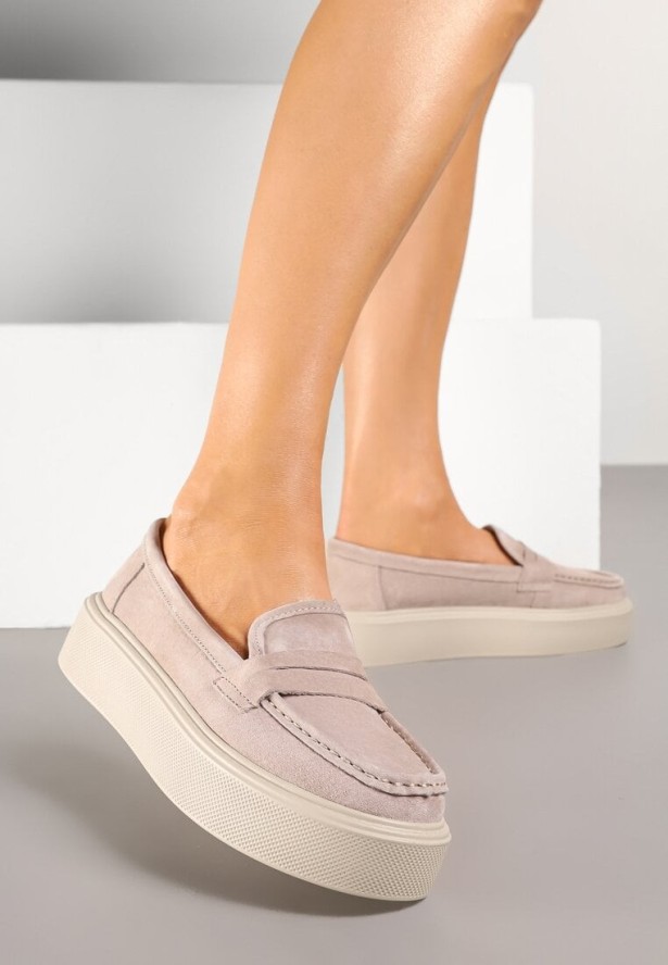 Beżowe Mokasyny na Grubej Podeszwie z Wkładką ze Skóry Naturalnej Polvia