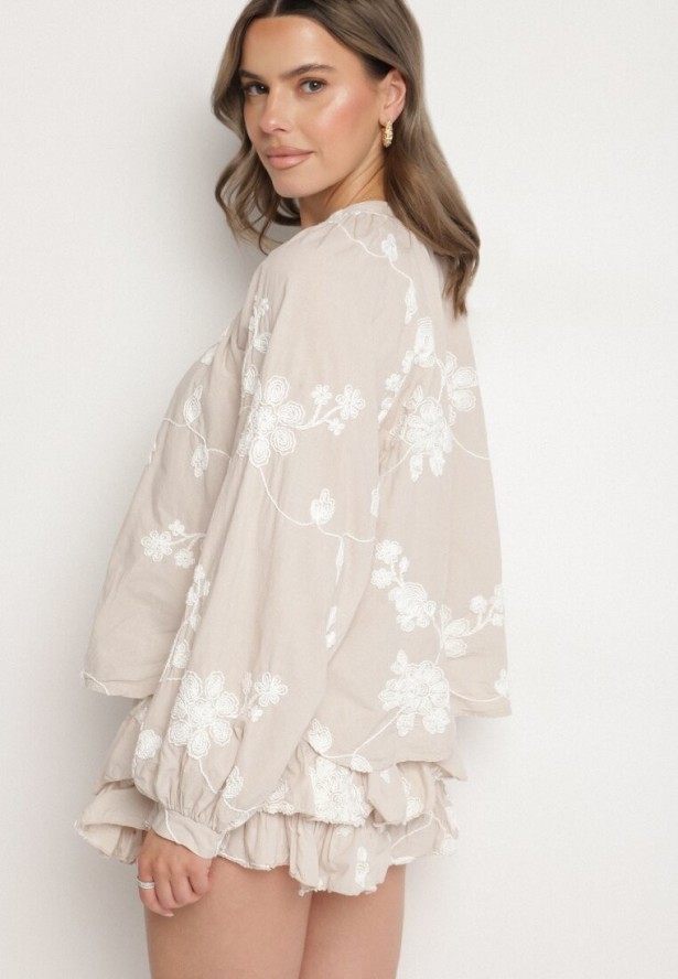 Beżowy Bawełniany Komplet Koszula z Szerokimi Rękawami i Spódnico-Spodenki Savrise