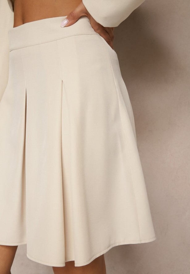 Beżowa Plisowana Spódnica High Waist o Rozkloszowanym Kroju Redilsa