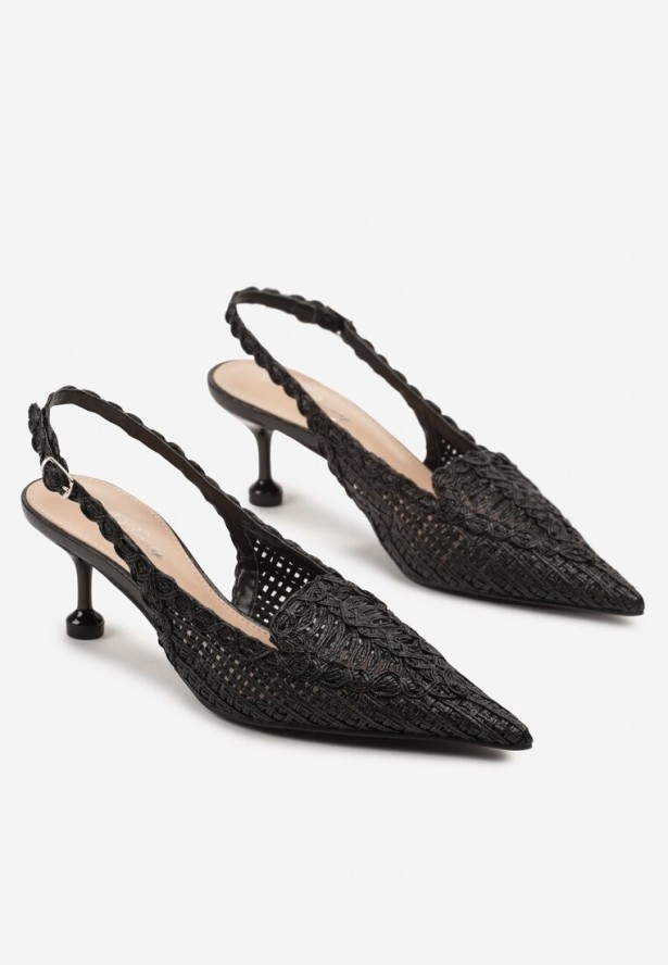 Czarne Sandały na Szpilce z Geometrycznym Zdobieniem Typu Slingback Nevonira