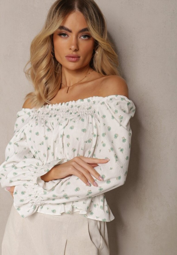 Biało-Zielona Bluzka z Falbankami przy Rękawach Wykończona Gumką w Pasie Naliaria