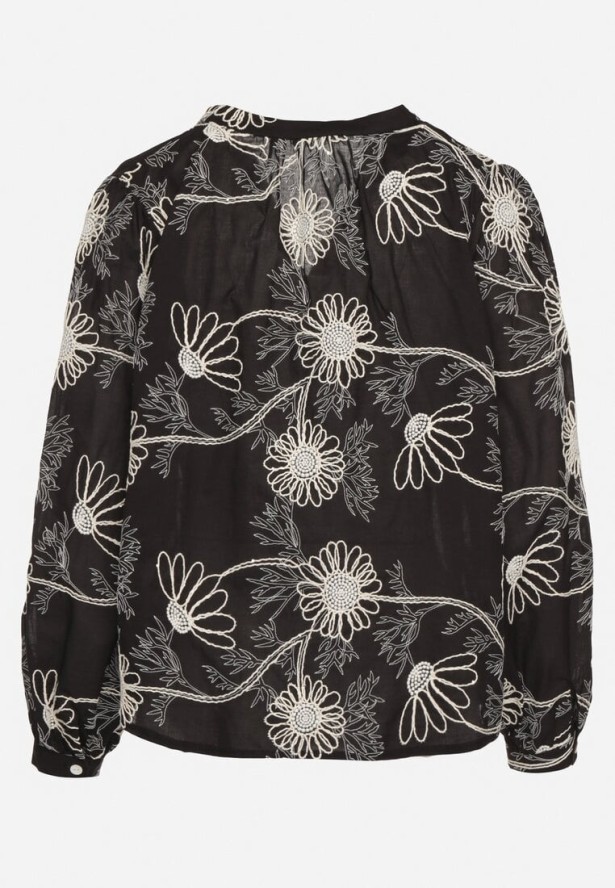 Czarna Bawełniana Koszula Zdobiona Haftem w Kwiatowy Wzór z Cekinami Gonirith