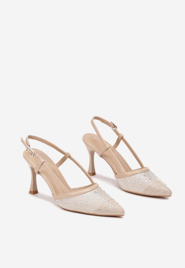 Beżowe Eleganckie Czółenka na Szpilce z Cyrkoniami i Odkrytą Piętą Elnamia