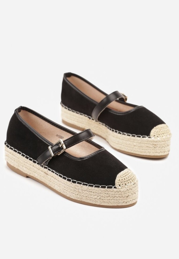 Czarne Espadryle z Plecionką i Paskiem Fevolise