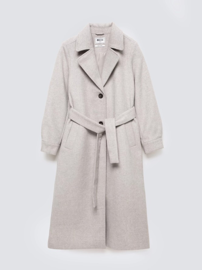 Płaszcz damski z wełną z paskiem beżowy Ksenia 801